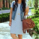 Heart & Hips Striped T-Shirt Dress Women's M/L Cotton Stretch Basic Travel Academia Preppy Photo 10