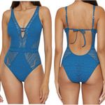 BECCA by Rebecca virtue Play Show & Tell Crochet Plunge Neck Lagoon Blue Large Photo 1