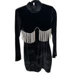 Thiliko Black Rhinestone Fringe Long Sleeve Bodycon Crushed Velvet Dress Photo 1