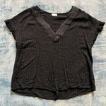 Hem & Thread  Black Textured Stripe V Neck Tie Front Ruffle Sleeve Tee Large Photo 0