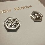 Tory Burch NWOT  Hexagon Logo Stud Earrings: Silver Plated Photo 1