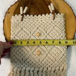 Boho‎ Macrame Purse, Ivory Cotton with Leather Straps, Long Fringe Photo 5