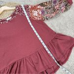 Umgee Women’s Waffle Knit Blouse Top Ruffle Mixed Media Print Multicolor Boho S Photo 11