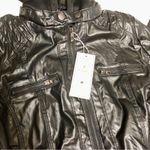 NWT Cinnie Black Faux Leather Hoodie Bomber Jacket Sweatshirt Layered Look sz L Size L Photo 3