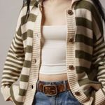 Urban Outfitters BDG Nicky olive green and cream striped cardigan with pockets and collared neck Photo 0