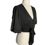 Peach Puff  Cropped Polka Dot Top S Black V Neck Buttons Tie Elastic Sleeve Photo 4