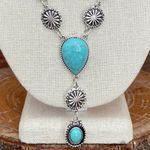 Faux Turquoise Concho & Sunburst Lariat Necklace Silver Photo 2