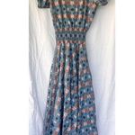 Puff Sleeve Geometric Maxi Dress Women Size Small Sundrenched Boho Smocked Waist Blue Photo 0