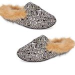INC  Mule Slippers Faux Fur Silver Jacquard Print Small Size 5/6 Photo 1