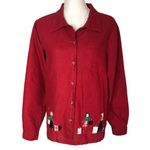 Allyson Whitmore Linen Blend Embroidered Details Button Down Long Sleeve Shirt Red Size L Photo 0