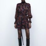 ZARA  Black Chiffon Floral Paisley High Neck Long Sleeve Mini Dress Size S Photo 2