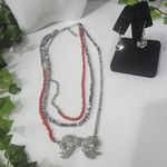 Pretty 3 Strand with Crystal Bow Necklace Earrings Set Red Photo 1