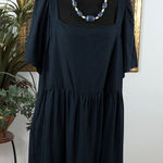 White Birch  Women Navy Blue Dress Short Sleeve Pleated Square Neck 100% Linen Photo 0