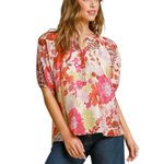 Umgee  Crimson Kissed Top Puff Sleeve Blouse Floral Flowers Pink Red Size Large Photo 0