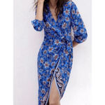 ZARA  Blue Floral Wrap Midi Dress Women’s Medium Bold Boho Resort Vacation Party Photo 3