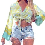 Stitch Fix Satin Blouse Tie Front Statement Sleeves Yellow Green Aqua L 70s Photo 4