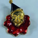 Creepy Clown Pin Brooch Gold Tone Enamel Hat Ruffled Red Collar Smiling Vintage Photo 15