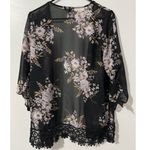 Iris  Womens sz M Black Sheer Floral Kimono Cardigan Lace Lightweight Cover Up Photo 2
