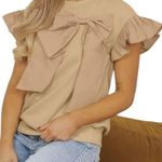 Voy Two Toned Ribbon Bow Ruffle Flutter Sleeve Tan Sweatshirt Whimsical Top S Photo 0