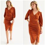 Maison Tara Rust Satin Ruched Midi Dress Size 4 Puff Sleeve Wrap Cocktail Orange Photo 1