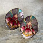 Vintage Enamel Metal Floral Stud Earrings Gold Photo 3