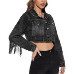 Allegra K Fringe Cropped Distressed Y2K Denim Jacket Medium Western Raw Hem Grunge Retro Photo 0