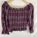 Moon River  Plaid Purple Smocked Off Shoulder Crop Top Size Medium Photo 5