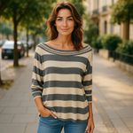 Haes Brasil Womens Sweater Size XL Gray Tan Striped Boatneck Top‎ NEW Photo 1