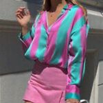 ZARA  7885/138 Barbiecore Satin Pink Seafoam Green Striped Button-down Shirt XS Photo 0