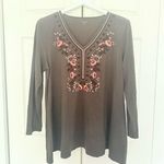Garnet Hill Embroidered Blouse Olive Green Long Sleeve Top Size Large Photo 1