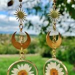 Handmade Vintage Bohemian Celestial Half Moon Daisy Flower Enamel Gold Earrings Photo 0