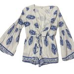 Love Riche  Front Tie Romper - White/Blue Print - Medium Photo 6