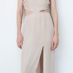 ZARA  CUT OUT V-neck Dress w/ Thin Straps Side Slits at Hem Beige SIZE S NEW Photo 0