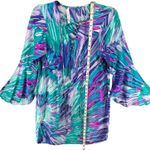 Alice & Trixie Tunic Dress XS Purple Multi Silk Lace Up Bell Sleeve Boho Resort Photo 6