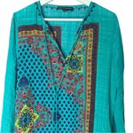HEMANT & NANDITA Turquoise Floral Boho Chic Silk Tunic Mini Dress Medium Blue Photo 1