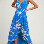 Lulus  NWT Sun Salutation Royal Blue Floral Print Ruffled Wrap Maxi Dress Size L Photo 0
