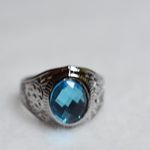 Source Unknown Elegant Engraved Design Band Blue Beveled Glass Stone Size 9 Glam Statement Ring Photo 2