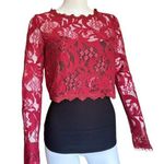 Maniju  Medium Full sheer Floral Lace Burgundy Long Sleeve Red Cropped Blouse NWT Photo 0