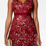 Adrianna Papell  Dress Womens 12 Petite Red Gold Lace Overlay V Neck A‎ Line Photo 0