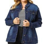 Women's Plus Size Long Sleeve Button Front Washed Denim Jacket Blue Photo 3