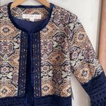 Boston Proper  Fringe Tapestry Novelty Jacket Navy Multicolor Photo 2