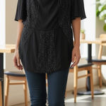 Madison Marcus Black Beaded Cold Shoulder Drape Neck Tunic Top XS Photo 0