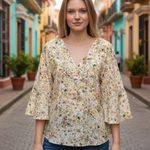 Flint&Moss Womens M Floral Boho Kimono Sleeve Top V Neck Pink Tunic Blouse Chic Yellow Size M Photo 0