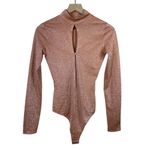House Of CB  Bodysuit‎ Sz S Concha Pink Metallic Keyhole Mock Neck Long Sleeve Photo 1