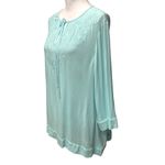 Chico's Women's Embroidered Tunic Blouse Size L Teal Blue Tie Neck Long Sleeve Photo 1