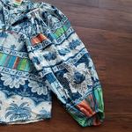 Farm Rio NWOT  Blue Palm Tree Rainbow Trim Bohemian Puff Sleeve Blouse Size Small Photo 4