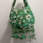 Viral Beaded Bag Made in India Green White Floral Hanging Flower Fringe Photo 3