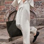 ZARA Drawstring Stripe Linen Cotton Wide Leg Pants Pockets Size L $79 Photo 0