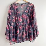 Torrid  Babydoll Chiffon Lurex Crochet Lace-Up Sheer Blouse, Black Red Floral, 1X Photo 11