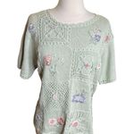 Vintage Short Sleeve Sweater Womens Large Mint Green Floral Crochet Patchwork Photo 0